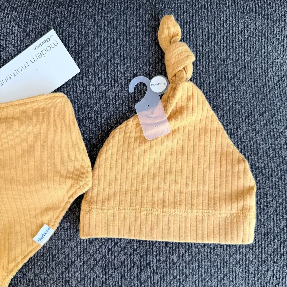Modern Moments Yellow Baby Hat and Bib Set NWT